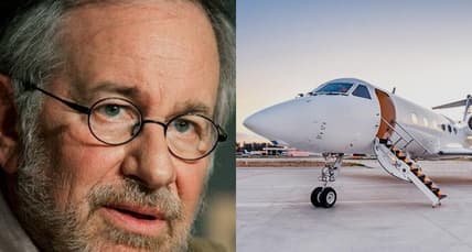 Split image of Steven Spielberg and his private jet