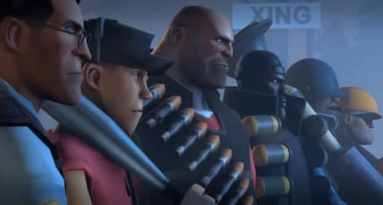RED and BLU teams stand together against the Gray Mann robot horde in Team Fortress 2 (2007), Valve