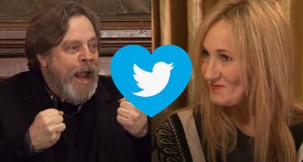 Split image of Mark Hamill and J.K. Rowling with a Twitter heart graphic
