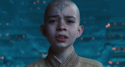 Aang (Noah Ringer) looks out on the destruction caused by the Fire Nation in The Last Airbender (2010), Paramount Pictures