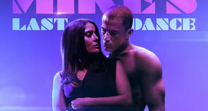 Excerpt of 'Magic Mike's Last Dance' (2023) poster featuring Salma Hayek and Channing Tatum.