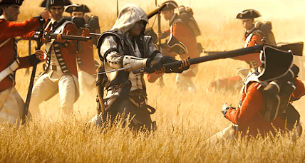 Ratonhnhaké:ton (Noah Watts) stands his ground against British Loyalists in Assassin's Creed III (2012), Ubisoft