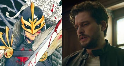 Dane Whitman as depicted on Peach Momoko's variant cover to Black Knight: Curse of the Ebony Blade Vol. 1 #1 (2021), Marvel Comics / Dane Whitman (Kit Harrington) confronts his family's history in Eternals (2021), Marvel Entertainment