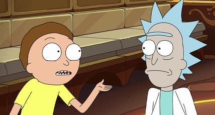 Rick and Morty (Justin Roiland) find themselves aboard the Story Train in Rick and Morty Season 4 Episode 6 "Never Ricking Morty" (2020), Adult Swim