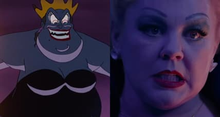 Ursula (Pat Carroll) rises in The Little Mermaid (1989), Walt Disney Studios / Ursula (Melissa McCarthy) confronts Ariel (Halle Bailey) in The Little Mermaid (2023), Walt Disney Studios