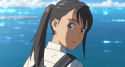 Suzume Iwato (Nanoka Hara) passes by Sota Munakata (Hokuto Masamura) in Suzume (2022), Toho Co. Ltd.