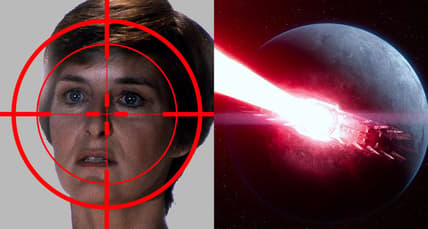 Split image of Mon Mothma and Starkiller Base from 'Star Wars,' Disney