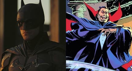 Bruce Wayne (Robert Pattinson) speaks with Selina Kyle (Zoë Kravitz) in The Batman (2022), Warner Bros. Pictures / Dracula appears in Marvel Fanfare Vol. 1 #45 (1989), Marvel Comics