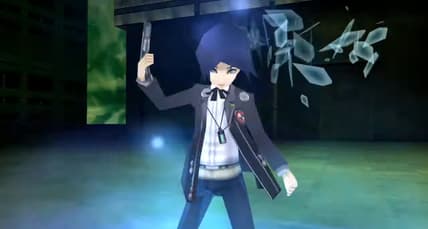 The male protagonist, Makoto Yuki, "shoots" himself in the head with an Evoker, causing glass-like shards to be ejected out of the other side via Persona 3 Portable (2023), Sega