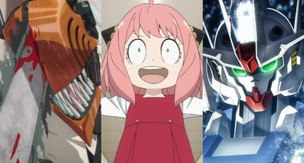 Denji (Kikunosuke Toya) unleashes his true power in Chainsaw Man Season 1 Episode 12 "Katana vs Chainsaw" (2023) / Anya (Atsumi Tanezaki) is unprepared for swim lessons in Spy x Family Season 1 Episode 11 "STELLA" (2023) / Gundam Aerial beams down on its opponent in Mobile Suit Gundam: The Witch From Mercury Season 1 Episode 21 "May All Blessings Find Their Way To You, I'm Wishing For It" (2023)