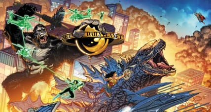 Godzilla and Kong fighting Justice League