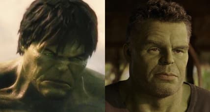 The Hulk (Edward Norton) prepares for a brawl in The Incredible Hulk (2009), Marvel Entertainment / Bruce Banner (Mark Ruffalo) teaches his cousin (Tatiana Maslany) yoga She-Hulk: Attorney at Law Season 1 Episode 1 “A Normal Amount of Rage” (2022), Marvel Entertainment