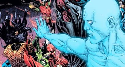 Doctor Manhattan puts an end to the pre-N52 DC universe on Gary Frank and Brad Anderson's variant cover to Doomsday Clock Vol. 1 #9 "Blind Spot" (2018), DC