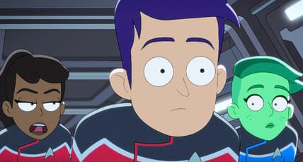 Mariner (Tawny Newsome), Boimler (Jack Quaid) and Tendi (Noel Wells) explore the ducts of the U.S.S. Cerritos in Star Trek: Lower Decks Season 3 Episode 4 "Room for Growth" (2022), Paramount Plus