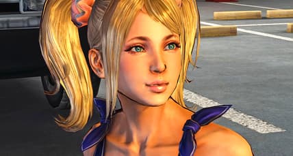 Juliet (Tara Strong) gets a birthday present from her father (Gregg Henry) in Lollipop Chainsaw (2012), Kadokawa Games
