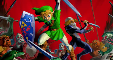 Link and Shiek battle Ganondorf's forces in Yusuke Nakano's illustration for The Legend of Zelda: Ocarina of Time (1998), Nintendo