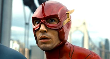 Flash (Ezra Miller) realizes Batman (Ben Affleck) is being affected by Wonder Woman's (Gal Gadot) Lasso of Truth in The Flash (2023), Warner Bros. Pictures