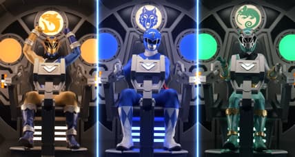 Aiyon (Jordan Fite), Billy (David Yost), and Izzy (Tessa Rao) step behind the wheel of the Cosmic Fury Megazord for the first time in Power Rangers Cosmic Fury Season 1 Episode 1 "Lightning Strikes" (2023), Netflix