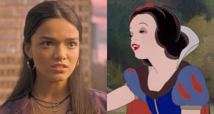 Anthea (Rachel Zegler) is shocked by Hespoera's (Helen Mirren) treatment of Freddy Freeman (Jack Dylan Grazer) in Shazam! Fury of the Gods (2023), Warner Bros. Discovery / Snow White (Adriana Caselotti) awakes after fleeing from the Huntsman (Stuart Buchanan) in Snow White and the Seven Dwarfs (1937), Disney