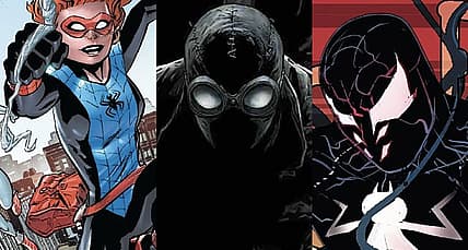 Split image of Spiderling, Spider Man Noir and Spider's Shadow