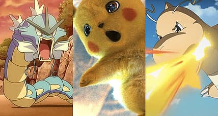 Split image of Gyarados, Pikachu and Dragonite from Pokémon, Nintendo