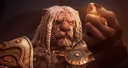 Ajani Goldmane inspects Skyship Weatherlight core in Magic: The Gathering, Dominaria United
