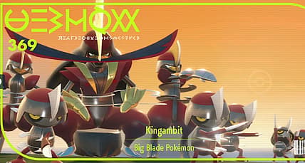 Pokedex photo of Kingambit flanked by Bisharp and Pawniard, Pokémon Scarlet & Violet (2022)