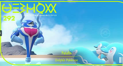 Pokedex photo of Palafin idolized by group of Finizen, Pokémon Scarlet & Violet (2022), Nintendo