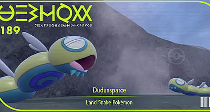 Pokedex photo of Dudunsparce Two-Segment and Three-Segment forms, Pokémon Scarlet & Violet (2022)