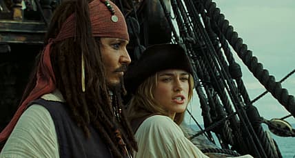 Elizabeth Swann and Captain Jack Sparrow outwit each other in Pirates of the Caribbean: Dead Man's