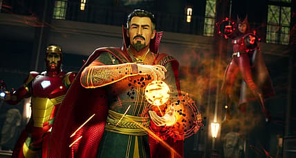 Doctor Strange, Iron Man, and Scarlet Witch stand in heroic poses in Marvel's Midnight Suns (2022)