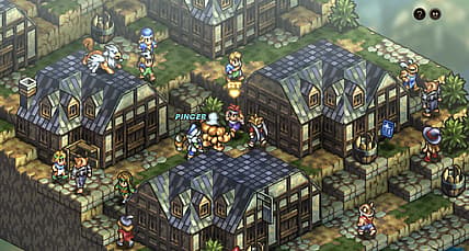 Party fights human and monster foes in village via Tactics Ogre: Reborn (2022), Square Enix
