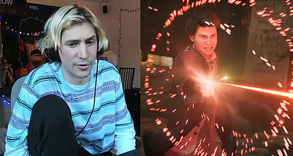xQC alongside the protagonist of Hogwarts Legacy