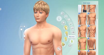 A Sim being customized, with top surgery scars via The Sims 4 (2014), Electronic Arts