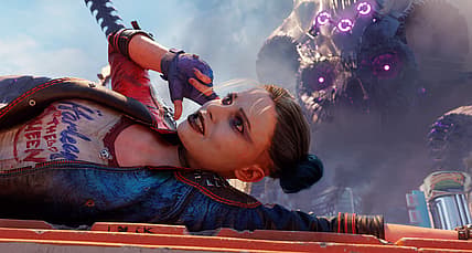 Harley Quinn on earpiece with Brainiac ship looming via Suicide Squad: Kill the Justice League
