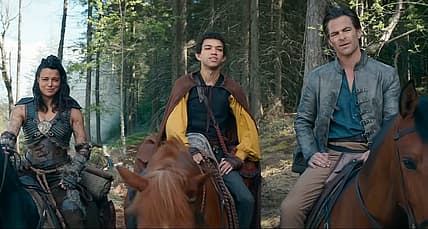 Holga (Michelle Rodriguez), Simon (Justice Smith), and Edgin (Chris Pine) encounter an Owl Bear in