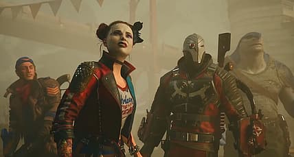 Captain Boomerang, Harley Quinn, Deadshot, King Shark stare confused through dust in Suicide Squad