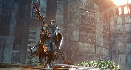 Knight walks through modern ruins within Omnistructure in Bleak Faith: Forsaken (2023), Archangel