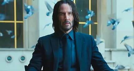 John Wick (Keanu Reeves) meets Marquis Vincent de Gramont (Bill Skarsgård) in John Wick: Chapter 4