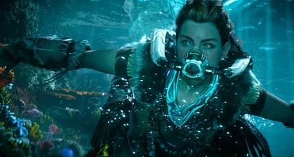 Aloy swims underwater wearing a rebreather in Horizon Forbidden West (2022), Sony Interactive
