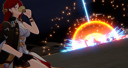 Himeko sips tea while enemies are blasted by space-laser in Honkai: Star Rail (2023), HoYoverse