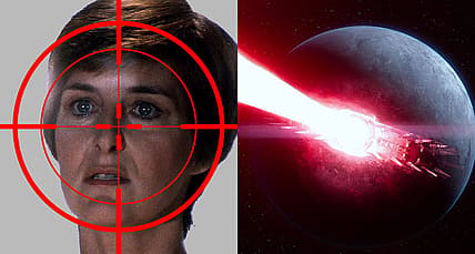 Split image of Mon Mothma and Starkiller Base from 'Star Wars,' Disney