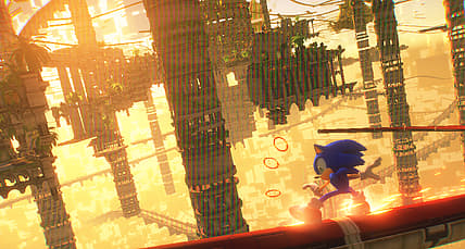 Sonic grinds through cyberspace Sky Sanctuary Zone at sunset, Sonic Frontiers (2022), Sega