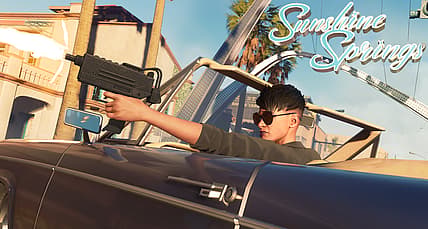 The Boss shoots an uzi while driving past Sunshine Springs archway in Saints Row (2022), Deep Silver