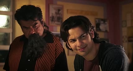 George Lopez as Uncle Rudy and Xolo Maridueña as Jaime Reyes in Blue Beetle (2023), DC Studios