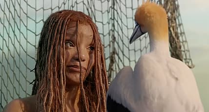 Ariel (Halle Bailey) speaks with Scuttle (Awkwafina) after gaining legs in The Little Mermaid
