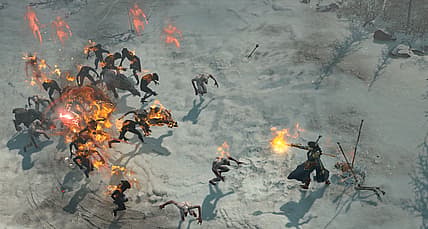 The player sets ghouls alight in the snow in Diablo IV (2023), Blizzard Entertainment