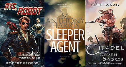 A collage of sci-fi, espionage, and fantasy book covers.
