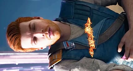 Cal Kestis (Cameron Monaghan) takes lightsaber slash to chest in Star Wars Jedi: Survivor (2023)