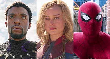 T'Challa stands ready in Black Panther (2018); Captain Marvel triumphant in Captain Marvel (2019)